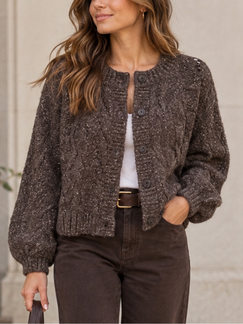 Lucky Brand Chunky Cable Knit Balloon Sleeve Cardigan Sweater